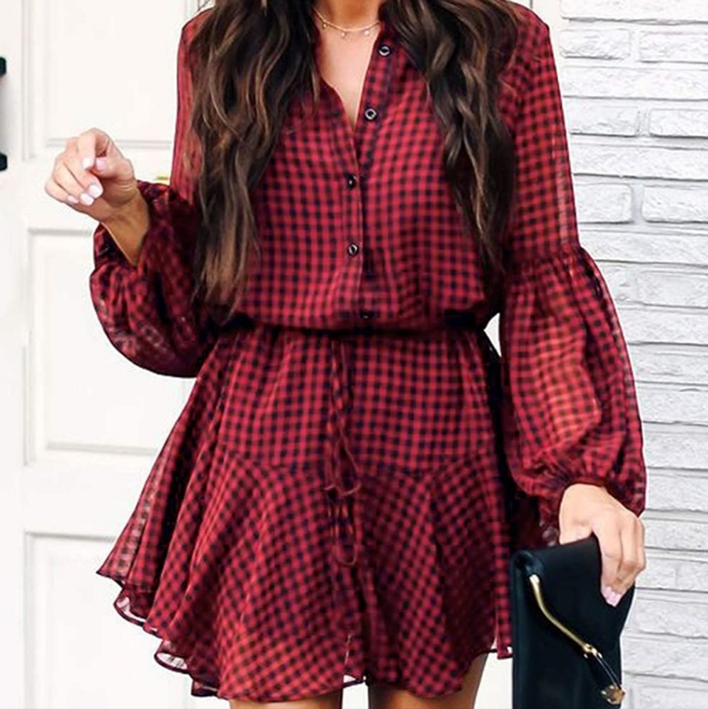 Ruffle Long Sleeve Plaid Mini Dress